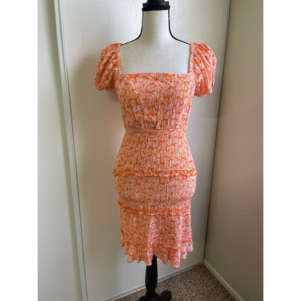 Sim & Sam Womens Small Dress Orange Daisy Floral Smocked Puff Sleeve Mini - Picture 2 of 11